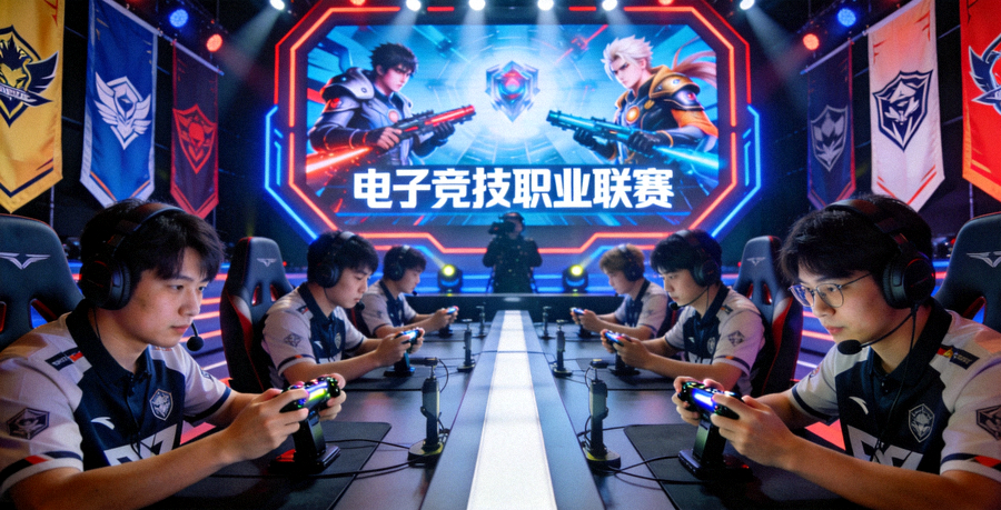 电子竞技比赛舞台上战队选手正在进行对抗的画面